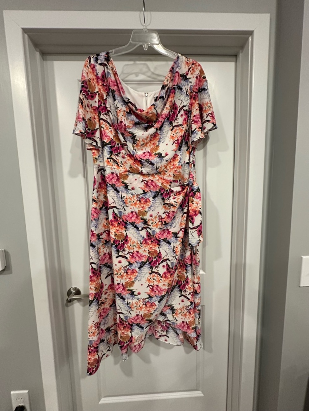 Maison Tara Floral Cowl Neck Midi Dress Side Tie Flutter Sleeve Women’s